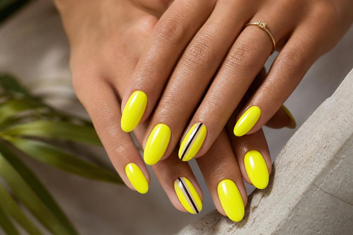 Jaune fluo nail art en 2026 : motifs graphiques, idées pop et tenue longue durée